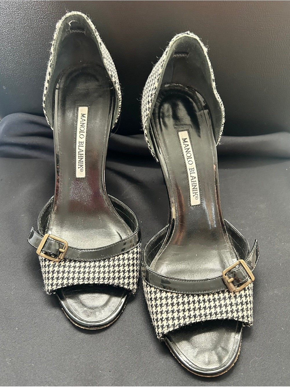 Manolo Blahnik Houndstooth Patent Open Toe D'Orsay Heels